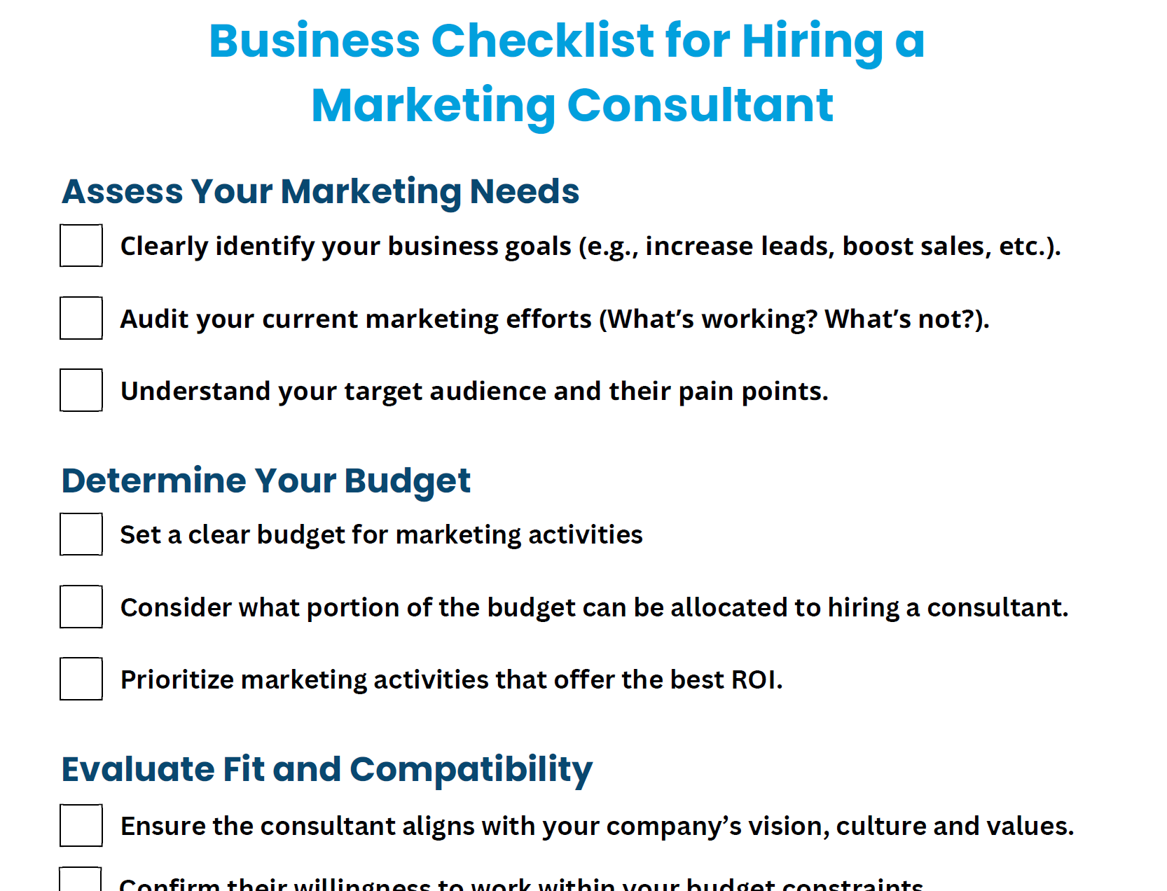 Business checklist for hiring a marketing consultant